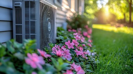 Fototapeta premium Air conditioner unit outside home, pink flowers, sunny garden