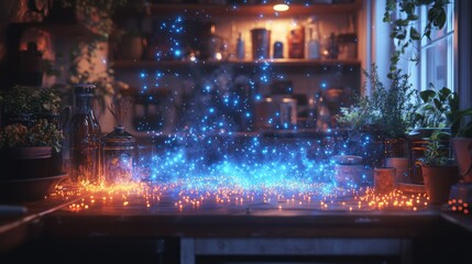 Obraz premium Magical kitchen potion brewing, glowing sparks, plants