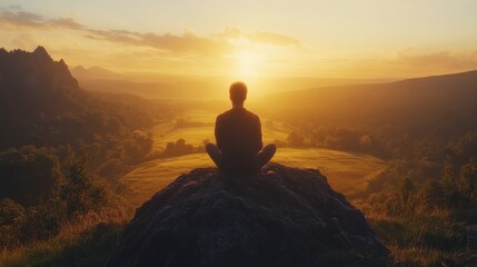 Sunset meditation on a rocky overlook in a serene valley