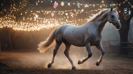 A white horse galloping under twinkling lights in a misty atmosphere.