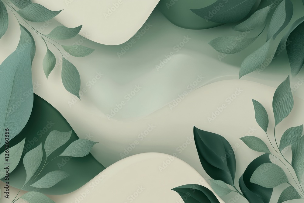 Poster decorative abstract design featuring green leaves and flowing shapes in a soft pastel background. ge