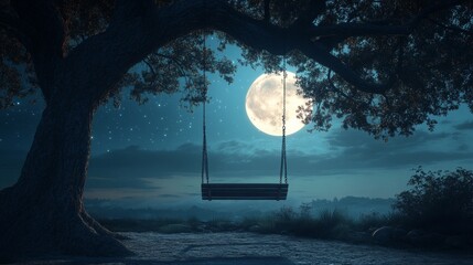 Swing under a starry sky illuminated by the moonlight in a tranquil outdoor setting