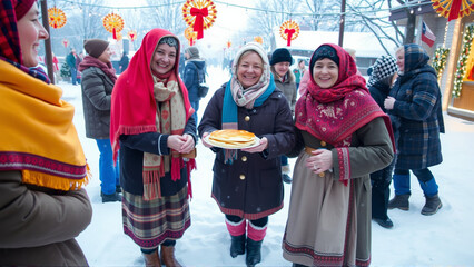 Obraz premium Women are dressed in traditional winter clothes. Women are smiling happily, holding plates of hot cakes in their hands
