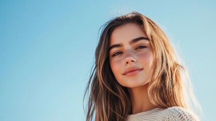 Fototapeta premium beautiful young woman with long brown hair against blue sky