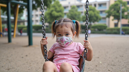 Child on Swing in Empty Schoolyard Due to Air Pollution Concerns
