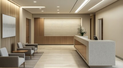 A modern reception space featuring beige walls, simple gray seating, and wood accents for a warm atmosphere