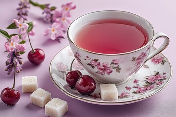 Floral teacup with cherry infusion and sugar cubes on pastel background