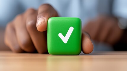 Hand holding green button with check mark symbolizing approval completion and success