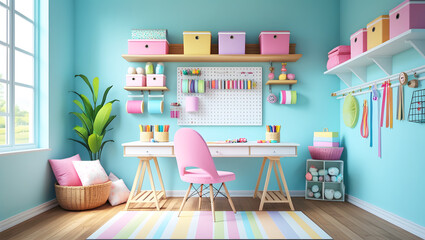 Organized Home Office Background with Pastel-Themed Storage