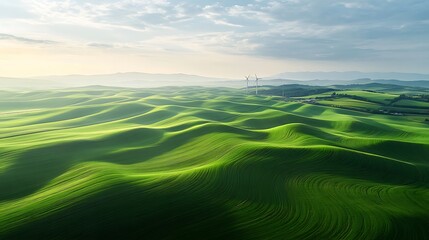 Fototapeta premium Aerial view of rolling green hills under a cloudy sky 