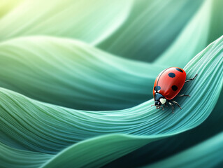 Obraz premium Ladybug walking on green leaf background in nature