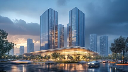 Fototapeta premium Modern city skyscrapers after rain, urban scene, twilight