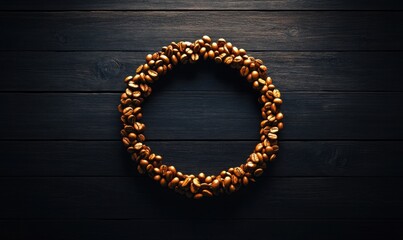 Obraz premium A circular arrangement of coffee beans on a dark wooden surface, creating a rustic aesthetic