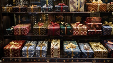 Fototapeta premium A display of wrapped presents on shelves.