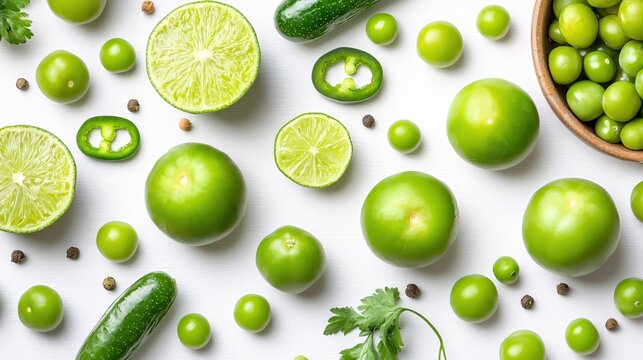 Fresh green tomatillos limes cucumbers and spices on white wooden surface vibrant flat lay