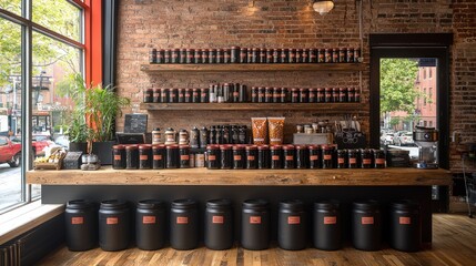 Urban tea shop interior, shelves of tea, city view