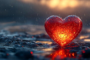 Fototapeta premium Heart's Resilience, Love Shines Through a Rainy Dusk Landscape Scene