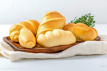 Fototapeta premium Golden baked bread assortment on wooden tray with thyme sprigs for delicious breakfast