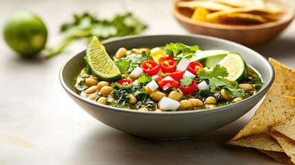 Delicious white bean chili with lime and tortilla chips a vibrant and flavorful meal