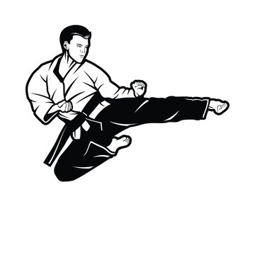 black and white karate fighter kicking clip art preview