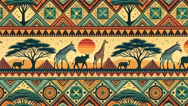 African Ornament. Bright seamless Looping-Background in a flat, graphic style depicting an African savannah landscape with ethnic elements. Stylized trees, giraffe, antelope and decorative geometric s