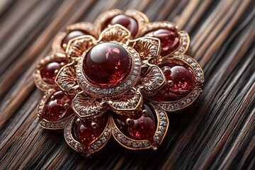 Naklejka premium Luxurious vintage ruby brooch with intricate gold and diamond detailing on wooden background