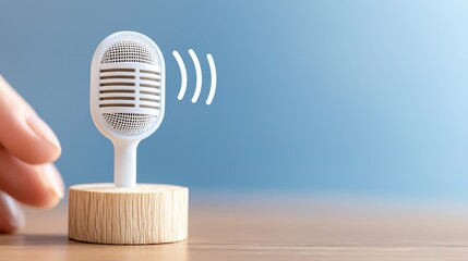 Closeup of hand holding microphone on rustic wooden table