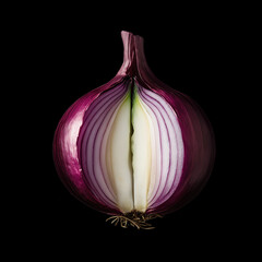 beautifully lit, halved red onion against a black background, showcasing its intricate layers, deep purple outer skin, and white core. The detailed textures and contrast highlight the vegetable’s natu