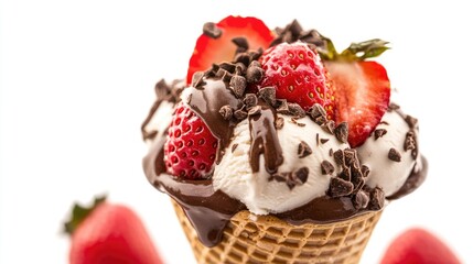 Delicious ice cream Chocolate vanilla and strawberry explosion, cut-out, Ice cream in the cone isolated on of white background, file with clipping path.