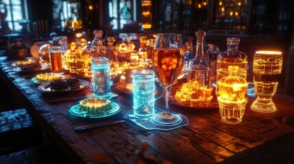 Step into a sci-fi world where a traditional Irish feast table is adorned with glowing holographic food and drinks Enter a unique, otherworldly scene