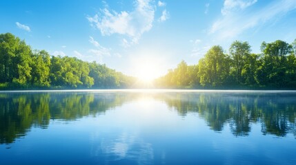 Obraz premium Serene lake reflecting trees and sky tranquil nature escape