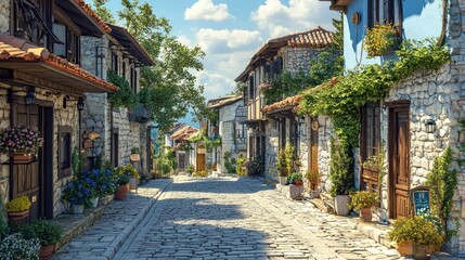 Fototapeta premium Sunny stone street, charming village, European town, scenic background