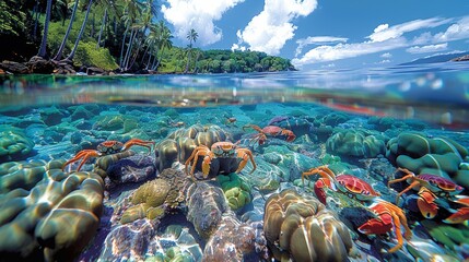 Image of Vibrant underwater scene showcasing colorful crabs among coral reefs in a tropical paradise printed on Printed Glass Splashbacks