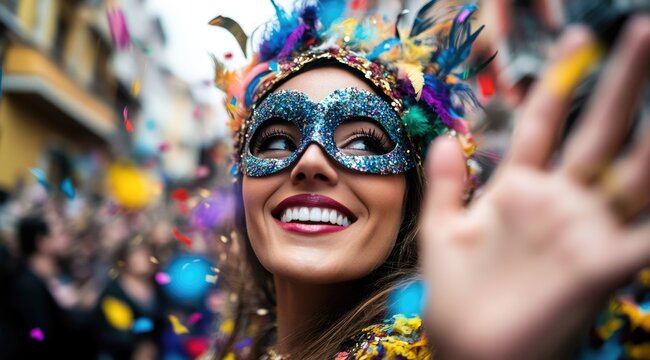 Festive spectacle: Mardi Gras shines with vibrant energy, featuring an ornate mask, dazzling carnival atmosphere, rich traditions, capturing essence of celebration, mystery, cultural heritage.