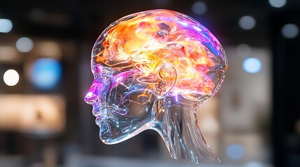 Abstract Holographic Head with Glowing Brain Visualization in a Technological Futuristic Design with Blurred Background