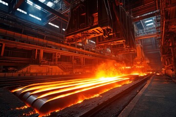 Fototapeta premium Bridge crane operating in a steel mill molten metal processing industrial environment dynamic viewpoint heavy machinery concept with cranes