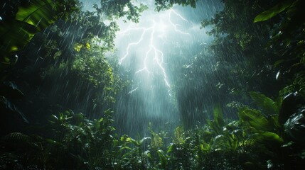 Dramatic lightning illuminates dense forest during a heavy rainstorm at dusk