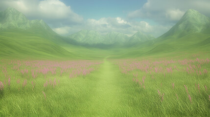 Fototapeta premium Serene path through flowering meadow, mountains backdrop; idyllic nature scene