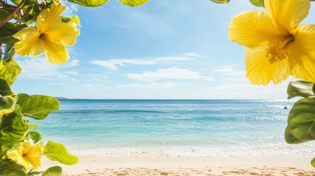 Vibrant yellow wildflowers blooming on sunny beach with clear blue sky - Powered by Adobe