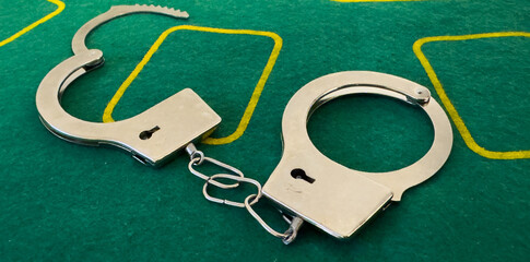 Cards cubes and chips Handcuffs close-up. Royal flush poker. Prohibited gambling concept, internet casino underground