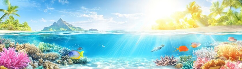 Obraz premium Tropical island paradise breathtaking scene of lush greenery vibrant corals and exotic plants