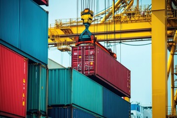 Cranes unloading containers at a busy harbor industrial environment dynamic action scene overhead view cargo handling operations
