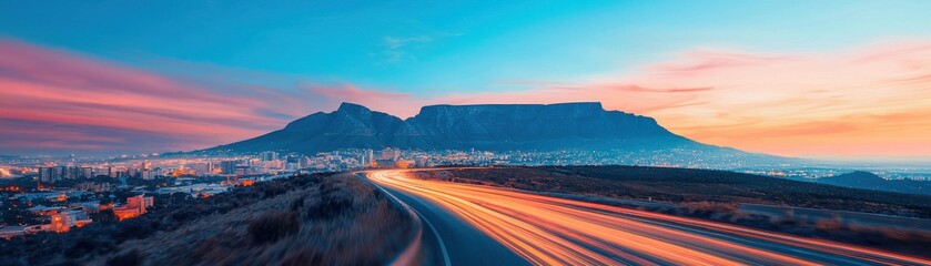 Obraz premium Captivating Sunset over Table Mountain with City Lights and Vibrant Sky in Cape Town, South Africa