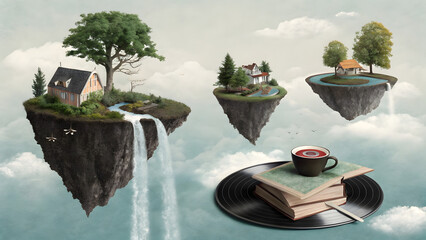 A group of floating islands in the sky, each made of different everyday objects—one is a giant teacup with waterfalls photo