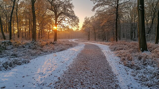 Sunlit snowy forest path at sunrise, winter wonderland scene, nature background, ideal for calendars