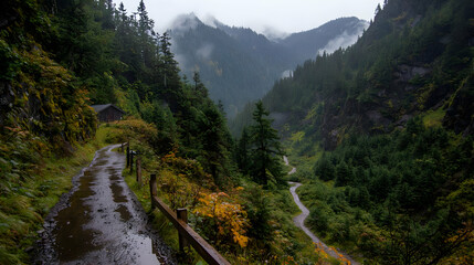 Fototapeta premium Rainy mountain trail, lush valley, misty peaks, hiking path