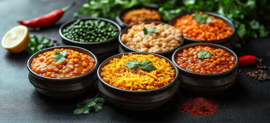 A vibrant and high-quality photograph showcasing the rich diversity of Indian cuisine. The spread includes aromatic chicken biryani, flavorful sweet potato curry, and creamy saag paneer, arranged on a