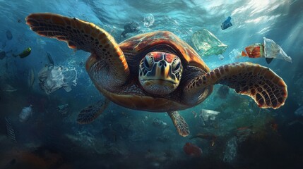 Obraz premium A turtle trapped in plastic waste in the ocean, emotional and impactful,
