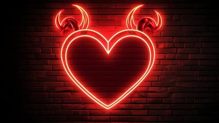 A neon heart with horns and a tail, resembling a devil, crafted from red neon lamps with a glowing backlight. This playful and edgy symbol of love combines romance with a mischievous twist