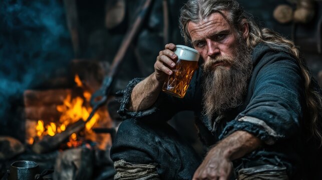 A Viking blacksmith resting after a long day's work, sitting on a wooden stool beside his forge, drinking beer from a wooden tankard, with tools and glowing embers around him - Powered by Adobe